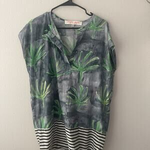 Virginia Johnson Dress Womens Size SMALL PETITE Blue Green Striped Cotton
